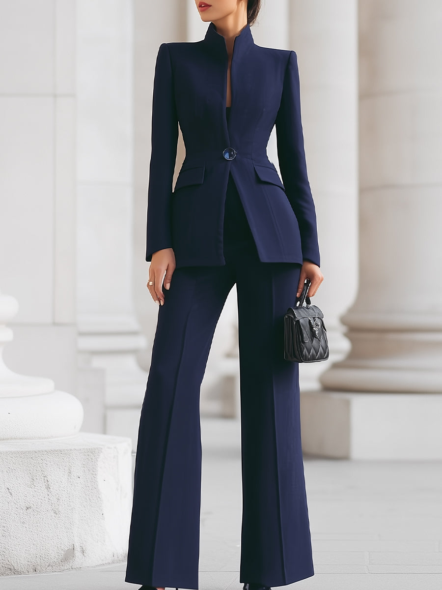 High-collar blazer and wide-leg trouser suit set for women | Navarre