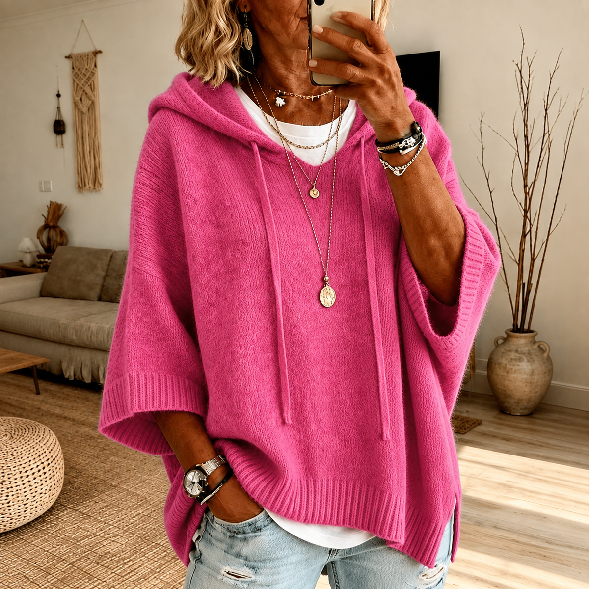Chloe hooded poncho sweater in pink