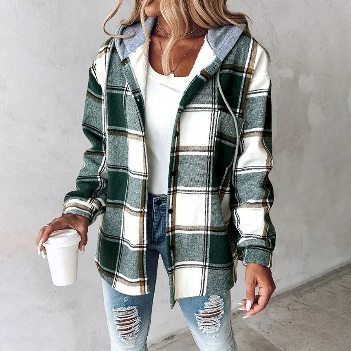Hooded Plaid Shirt Jacket Carol
