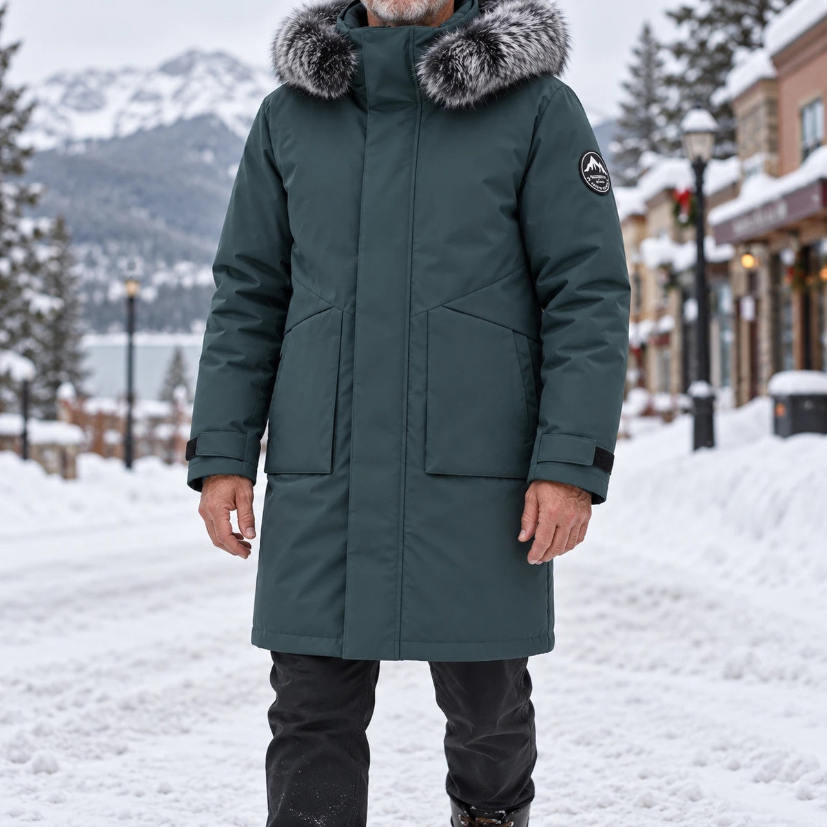 Arctic Shield Parka in green, worn by a man in the snow