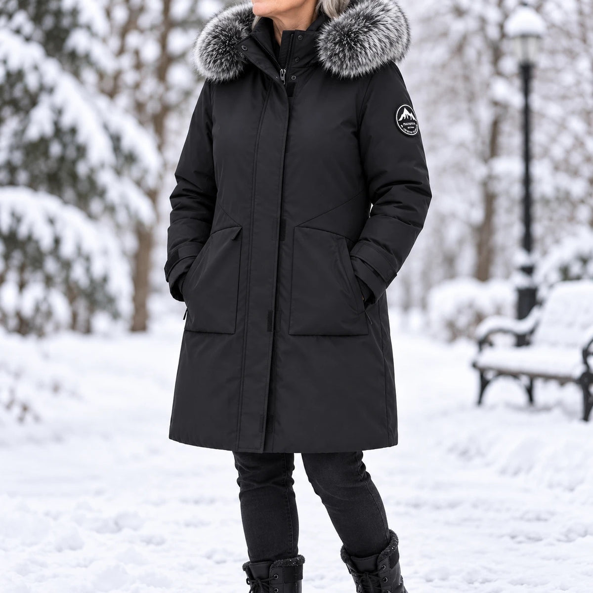 Arctic Shield Parka in black, worn by a woman in a snowy park