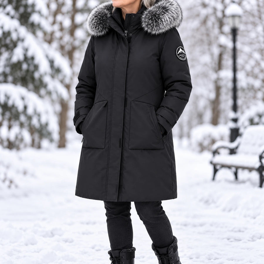 Arctic Shield Parka in black, worn by a woman in a snowy park