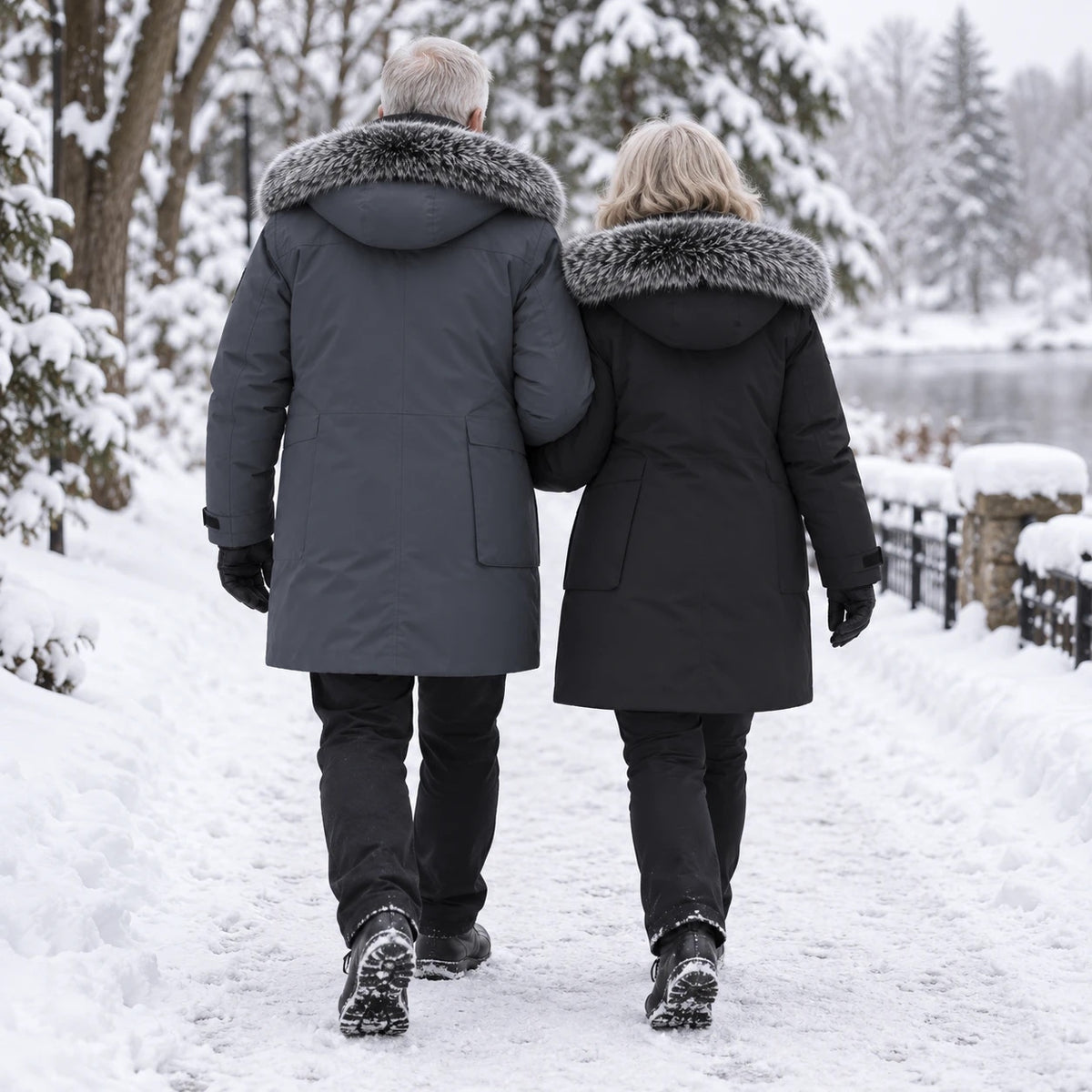 Arctic Shield Parka in grey and black, couple walking in the snow