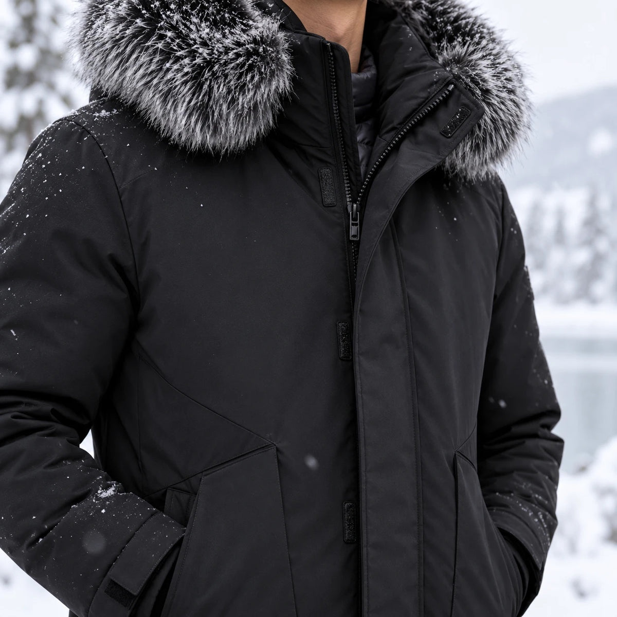 Arctic Shield Parka in black, fur-trimmed hood and storm flap