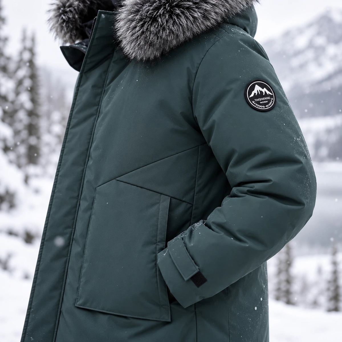 Arctic Shield Parka in green, pocket, cuff and sleeve badge