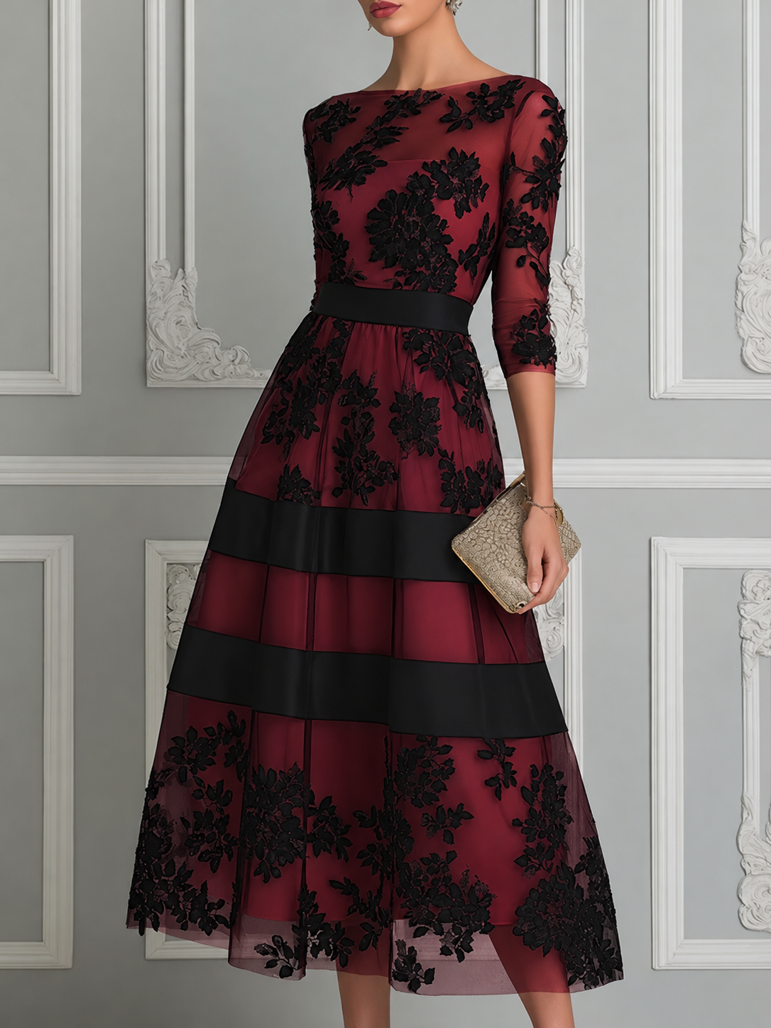 Elegant Black Lace Midi A-Line Dress