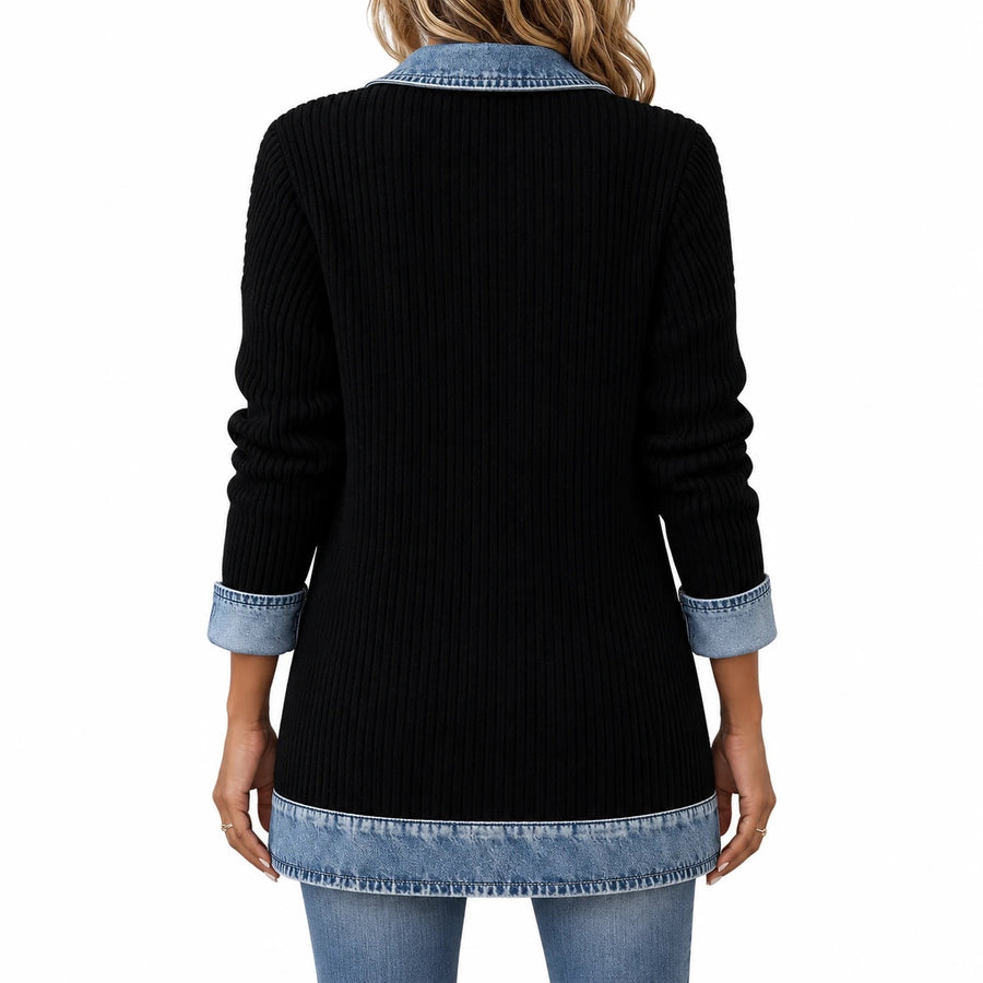 Beatrice Denim Trim Ribbed Knit Jacket in black, back view