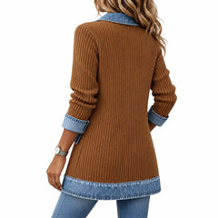 Beatrice Denim Trim Ribbed Knit Jacket in khaki, back view