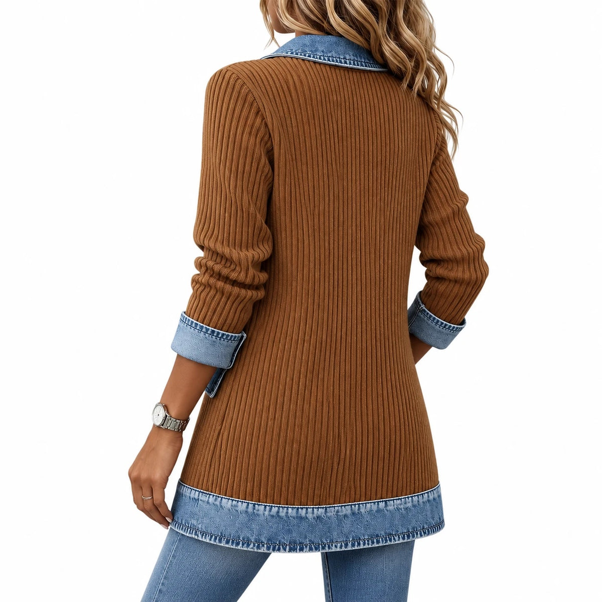 Beatrice Denim Trim Ribbed Knit Jacket in khaki, back view