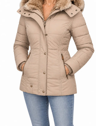 Greta hooded quilted winter coat in beige, worn