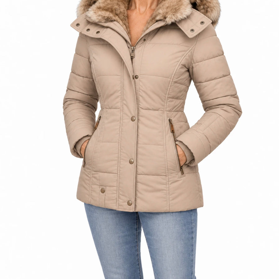 Greta hooded quilted winter coat in beige, worn