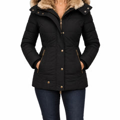 Greta hooded quilted winter coat in black, worn