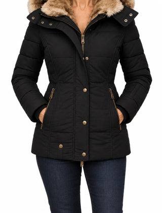 Greta hooded quilted winter coat in black, worn