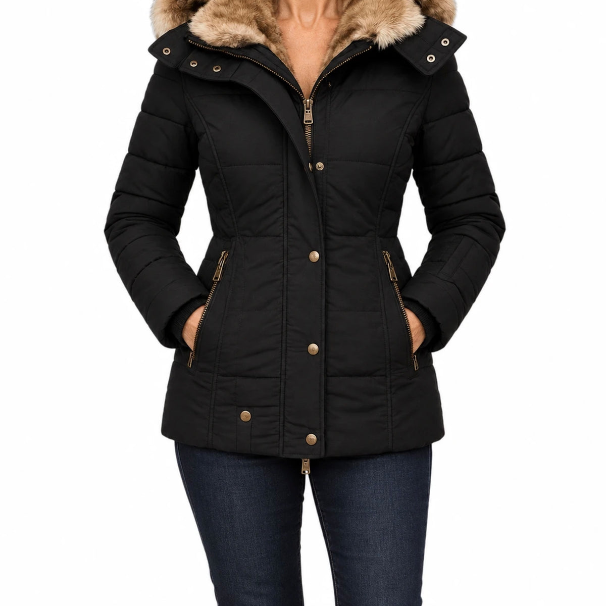 Greta hooded quilted winter coat in black, worn