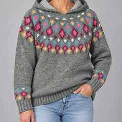 Ingrid Nordic Fair Isle hooded sweater in grey, front view
