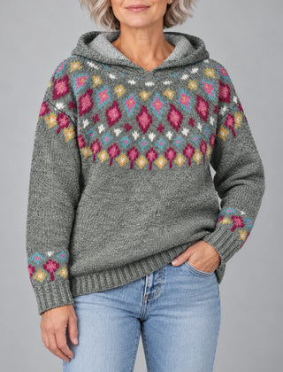 Ingrid Nordic Fair Isle hooded sweater in grey, front view