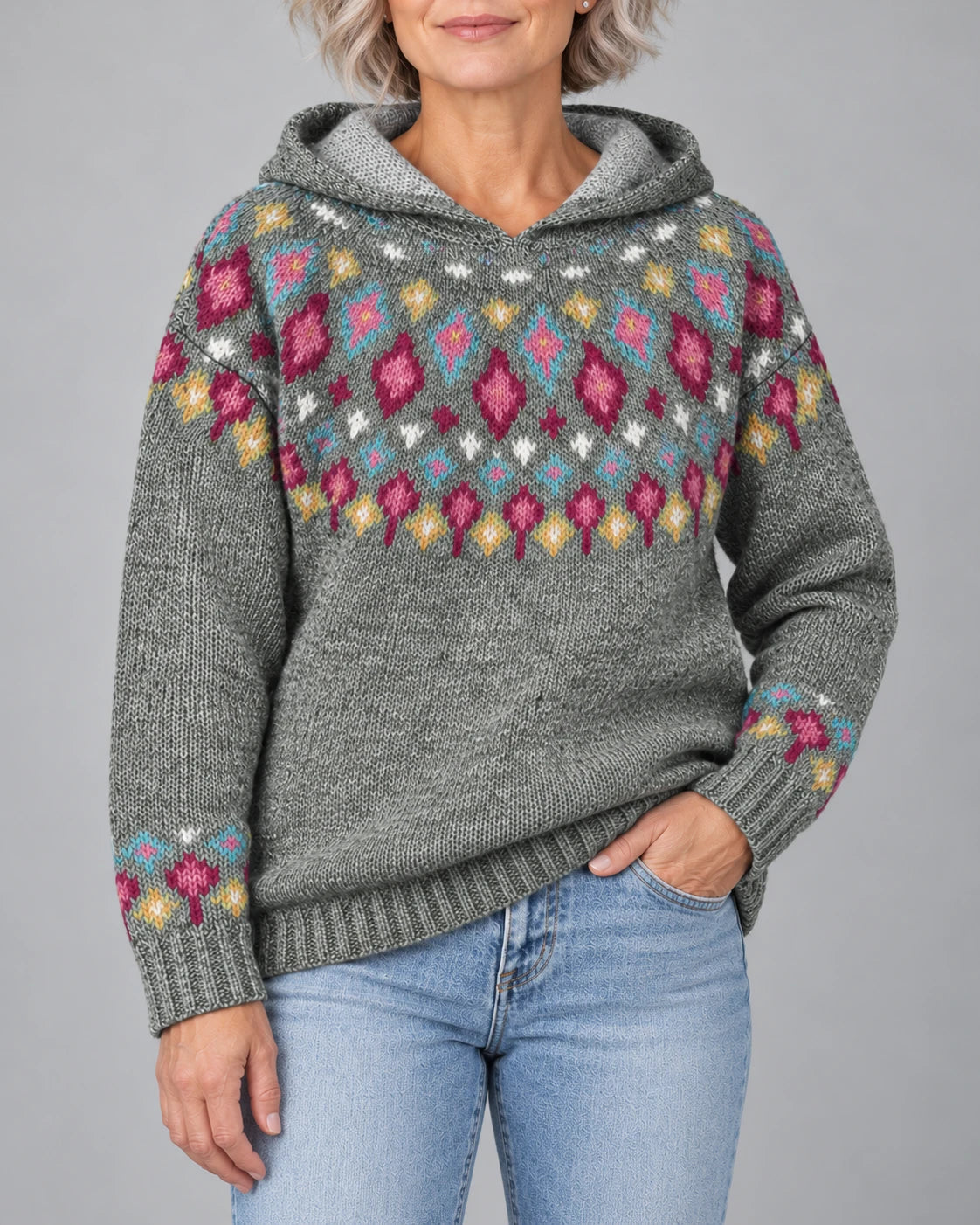 Ingrid Nordic Fair Isle hooded sweater in grey, front view