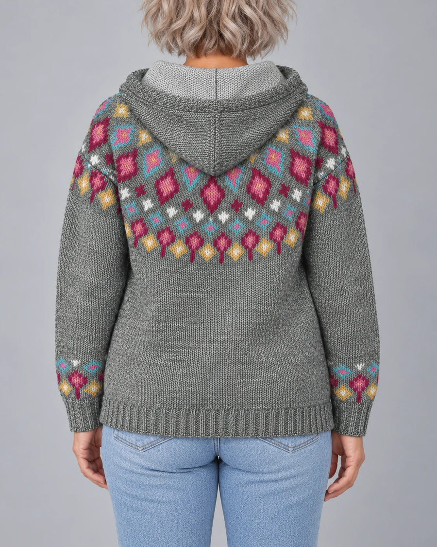Ingrid Nordic Fair Isle hooded sweater in grey, back view