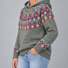Ingrid Nordic Fair Isle hooded sweater in grey, side view