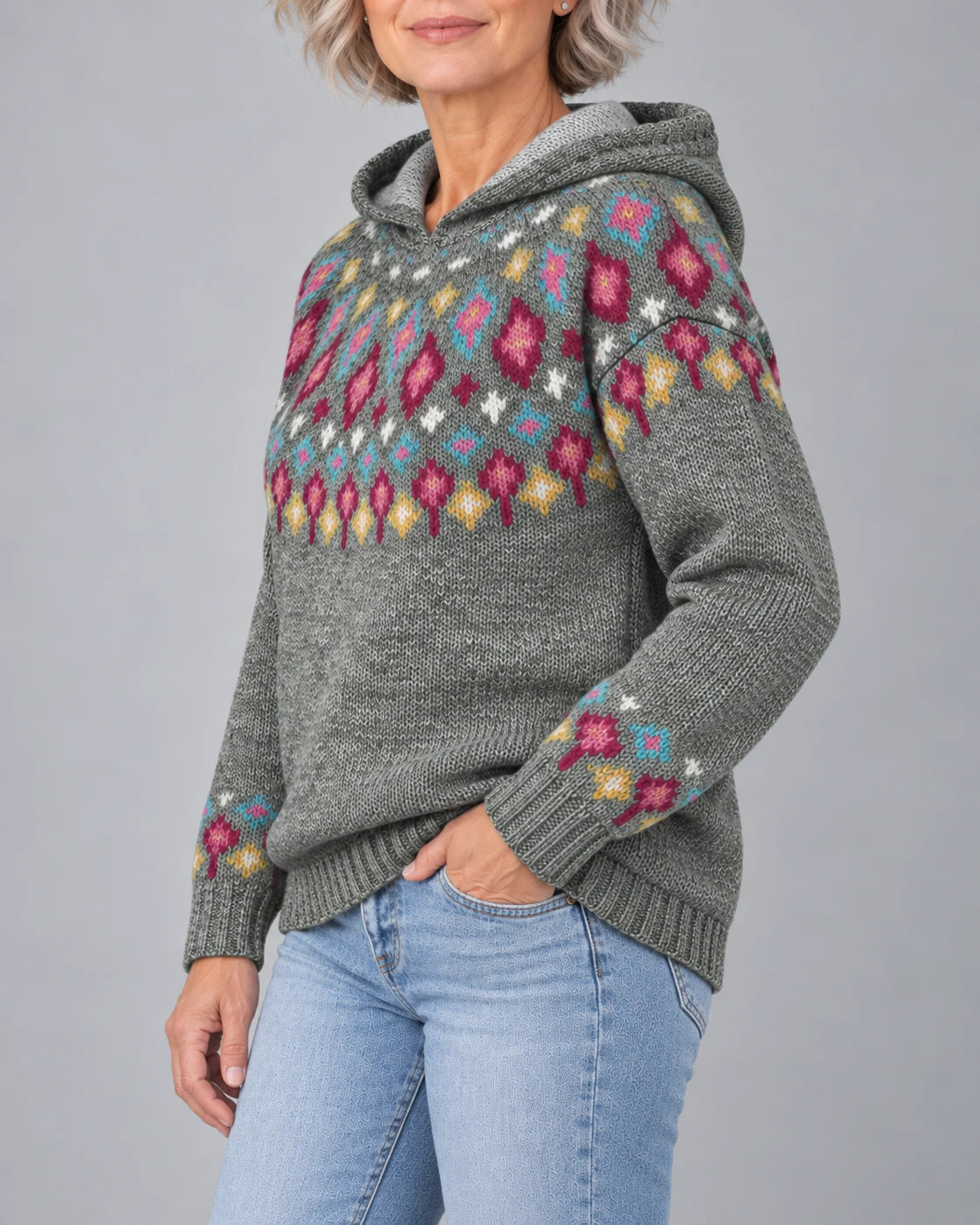 Ingrid Nordic Fair Isle hooded sweater in grey, side view