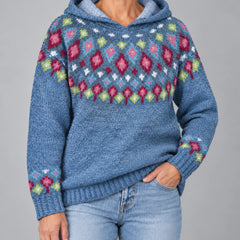 Ingrid Nordic Fair Isle hooded sweater in blue, front view