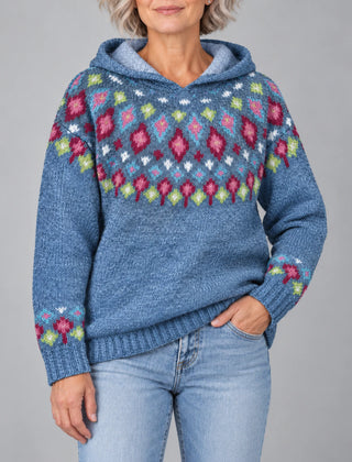 Ingrid Nordic Fair Isle hooded sweater in blue, front view