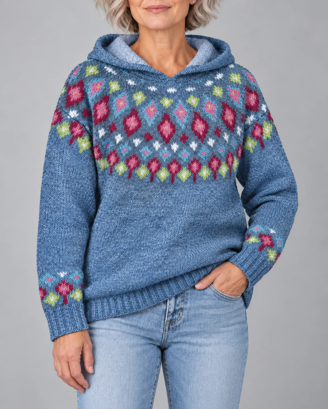 Ingrid Nordic Fair Isle hooded sweater in blue, front view