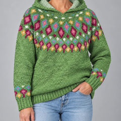 Ingrid Nordic Fair Isle hooded sweater in green, front view