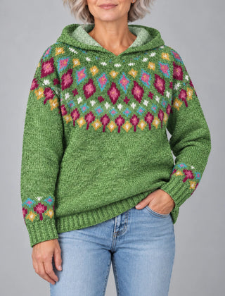 Ingrid Nordic Fair Isle hooded sweater in green, front view