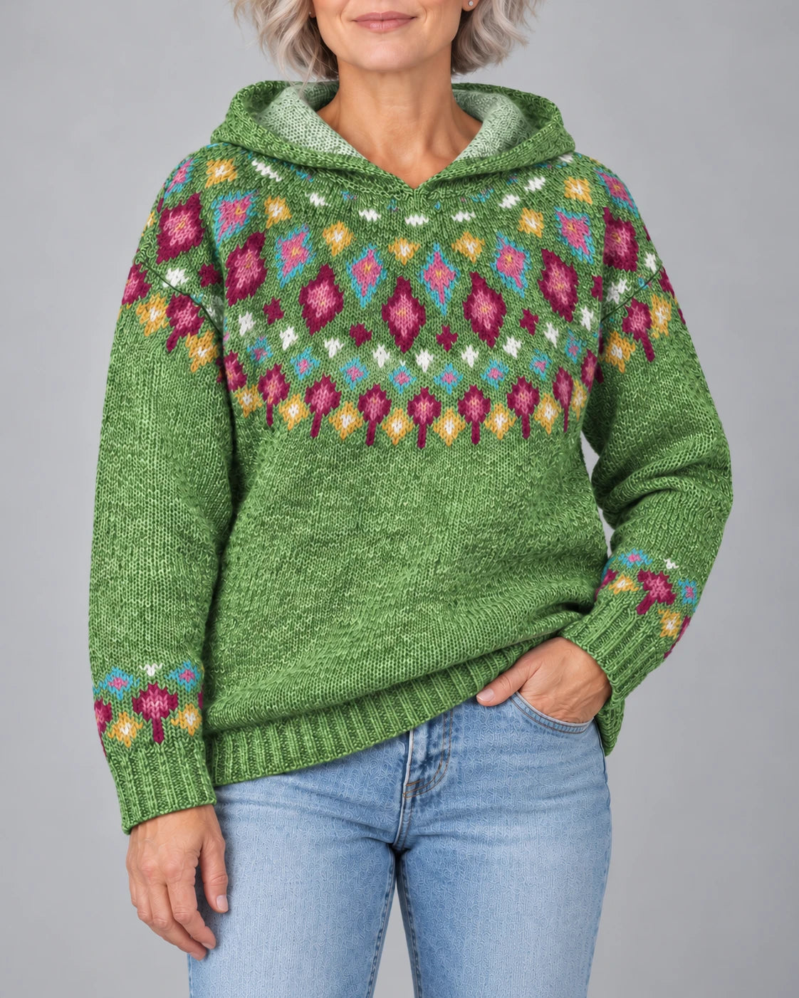 Ingrid Nordic Fair Isle hooded sweater in green, front view