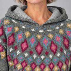 Close-up of the Fair Isle yoke pattern and lined hood