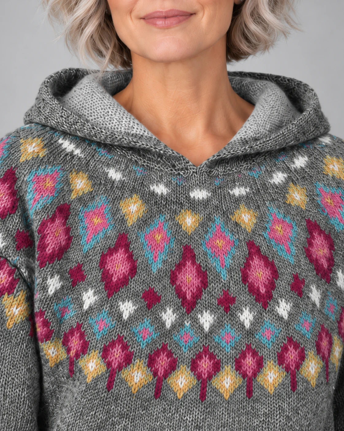 Close-up of the Fair Isle yoke pattern and lined hood