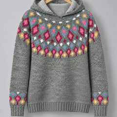Ingrid Nordic Fair Isle hooded sweater in grey on a hanger