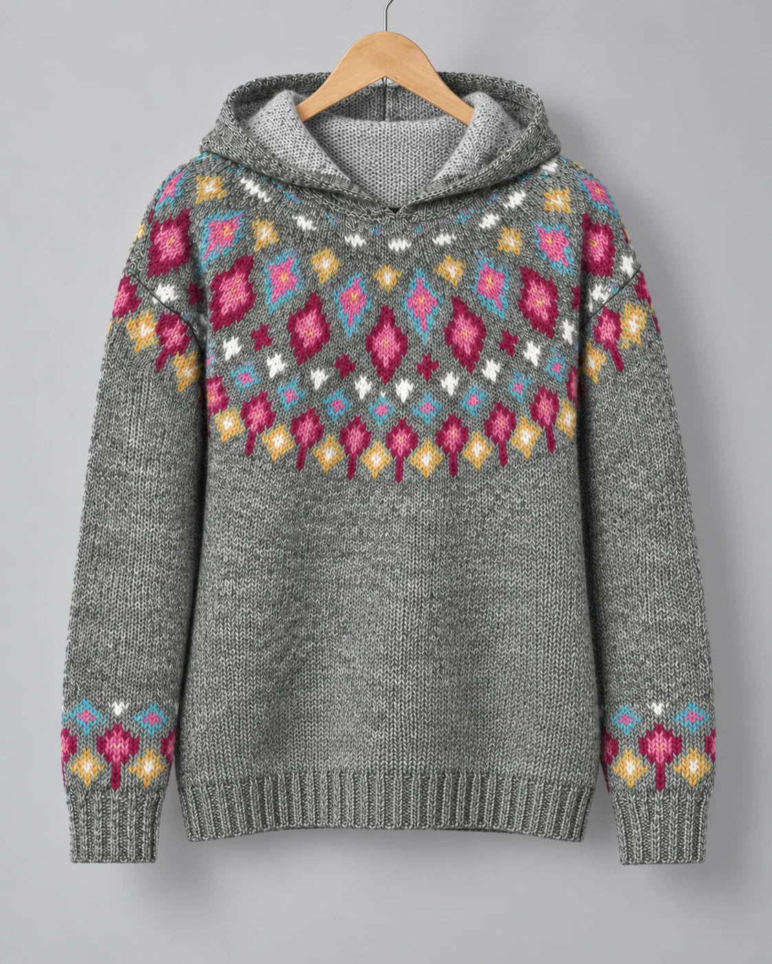 Ingrid Nordic Fair Isle hooded sweater in grey on a hanger