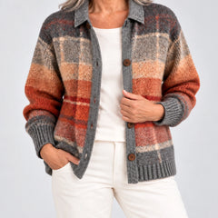 Josephine Autumn Ombre Plaid Cardigan worn open over a cream top