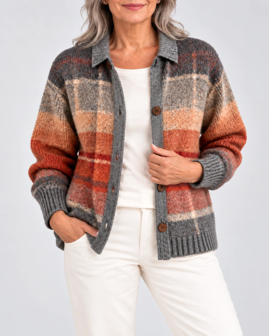 Josephine Autumn Ombre Plaid Cardigan worn open over a cream top