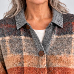 Josephine Autumn Ombre Plaid Cardigan, collar and wooden buttons close-up