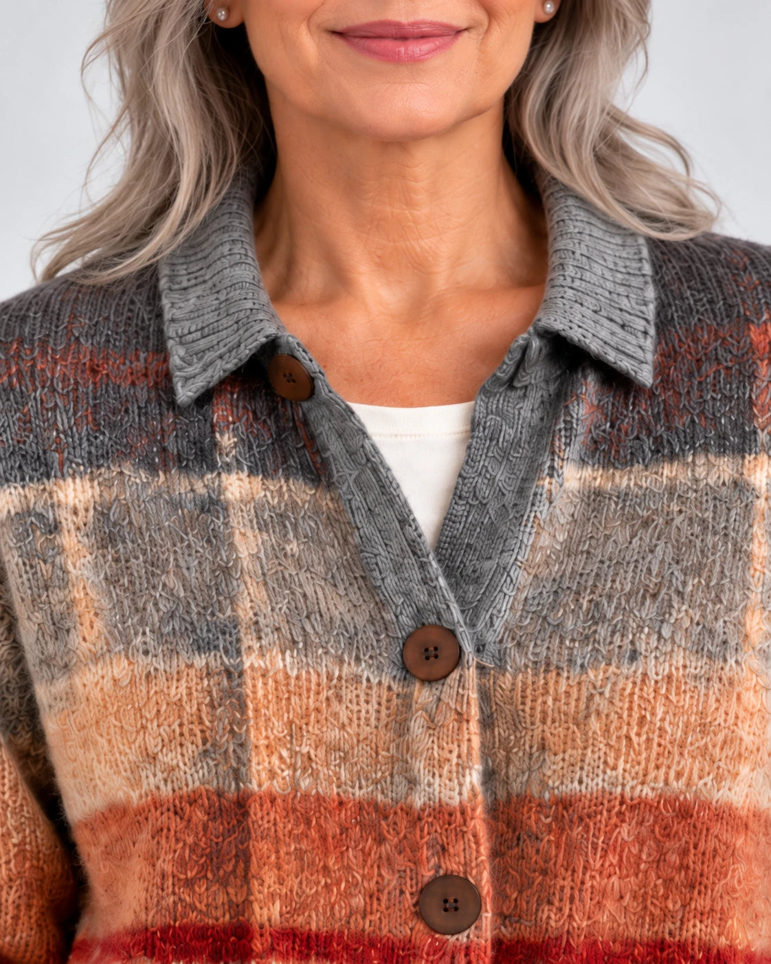 Josephine Autumn Ombre Plaid Cardigan, collar and wooden buttons close-up