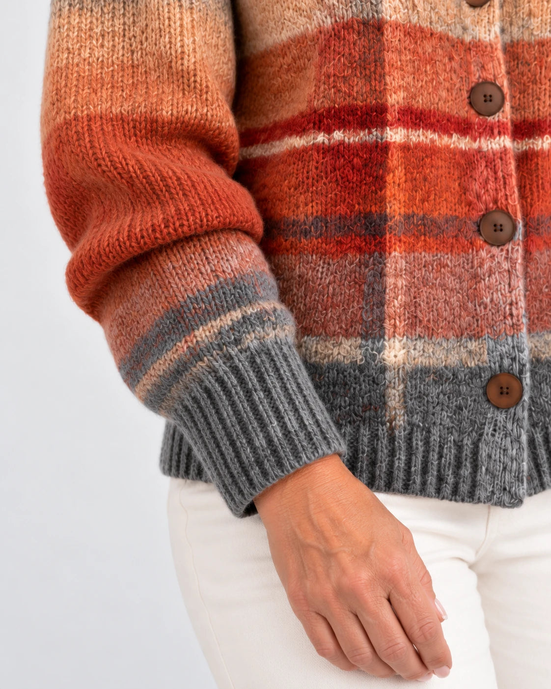 Josephine Autumn Ombre Plaid Cardigan, sleeve and ribbed cuff close-up