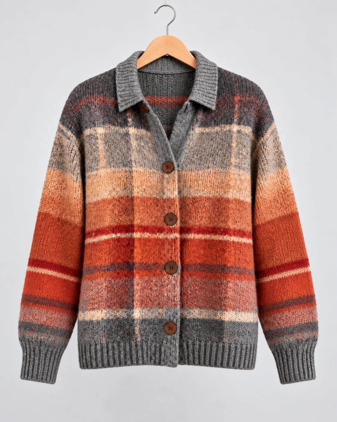 Josephine Autumn Ombre Plaid Cardigan on a wooden hanger