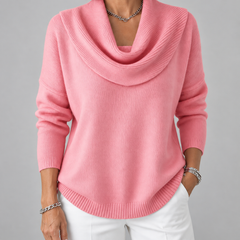 Julia draped cowl neck sweater in pink, front view
