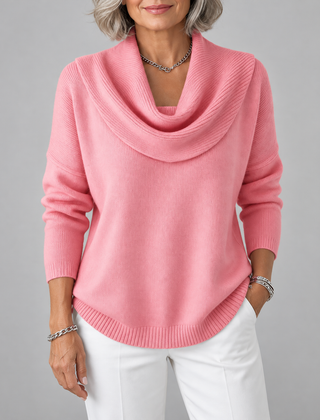 Julia draped cowl neck sweater in pink, front view
