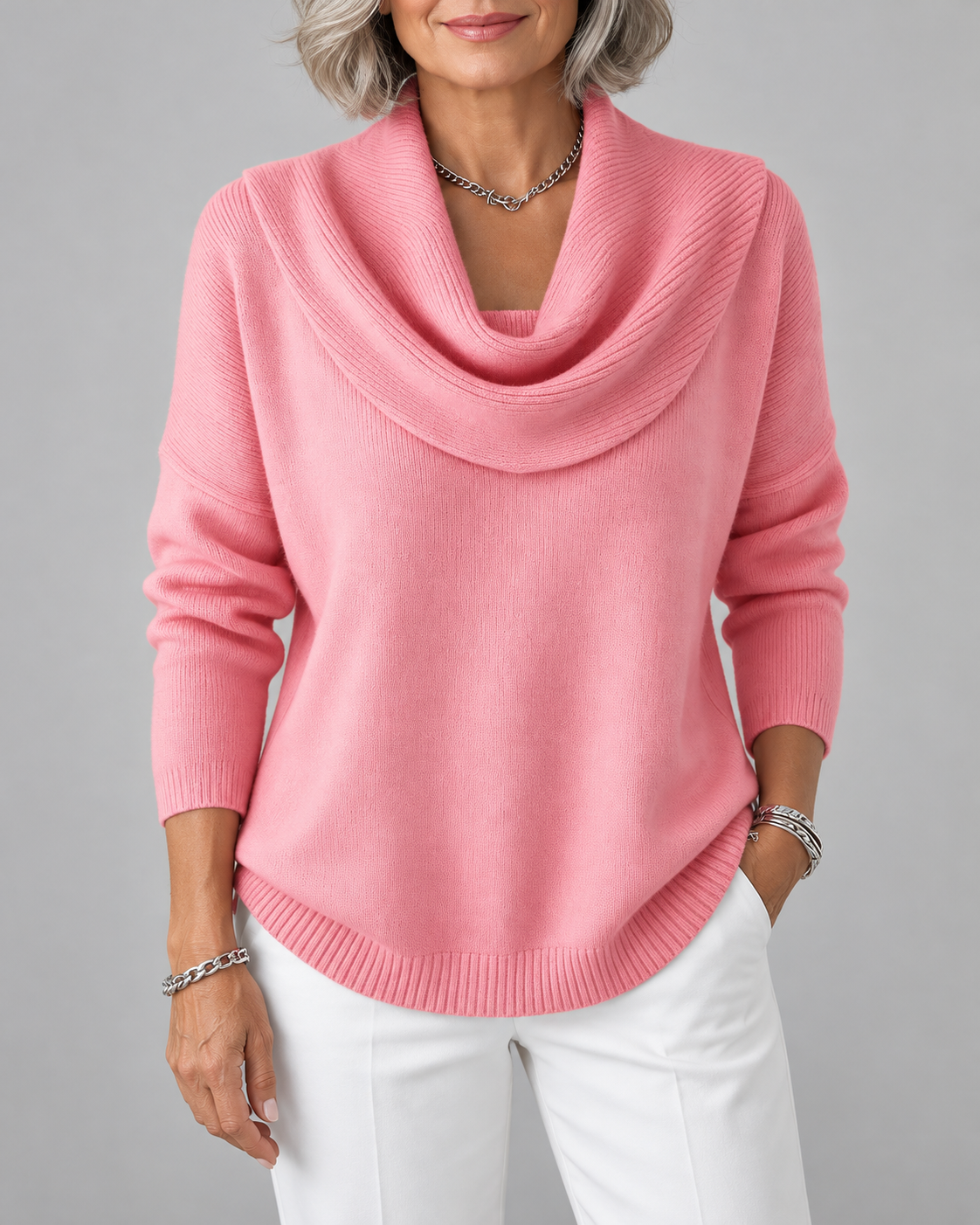 Julia draped cowl neck sweater in pink, front view