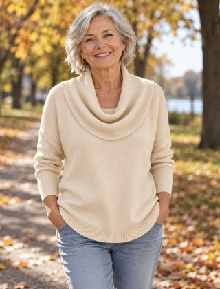 Julia draped cowl neck sweater in beige, worn on an autumn walk