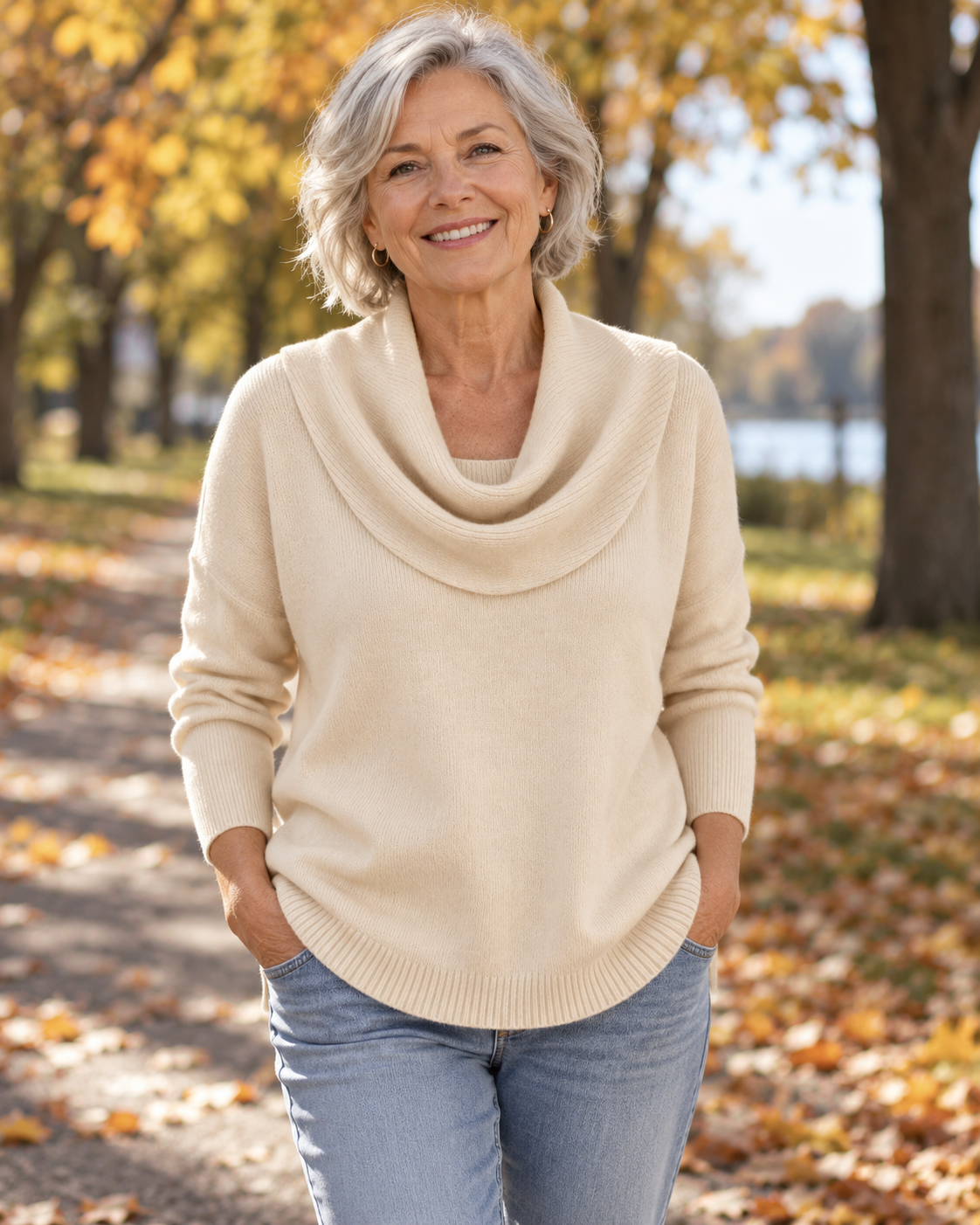 Julia draped cowl neck sweater in beige, worn on an autumn walk