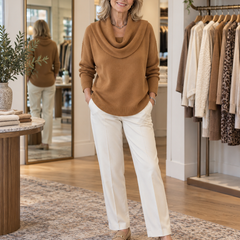 Julia draped cowl neck sweater in camel with cream trousers