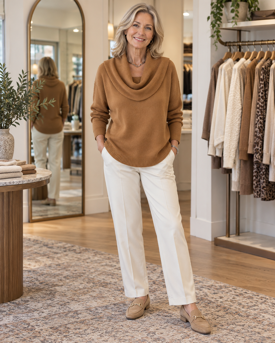 Julia draped cowl neck sweater in camel with cream trousers