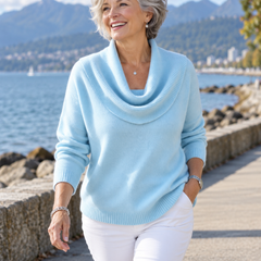 Julia draped cowl neck sweater in sky blue, seaside walk