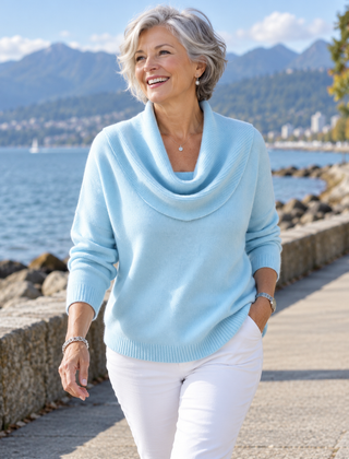 Julia draped cowl neck sweater in sky blue, seaside walk