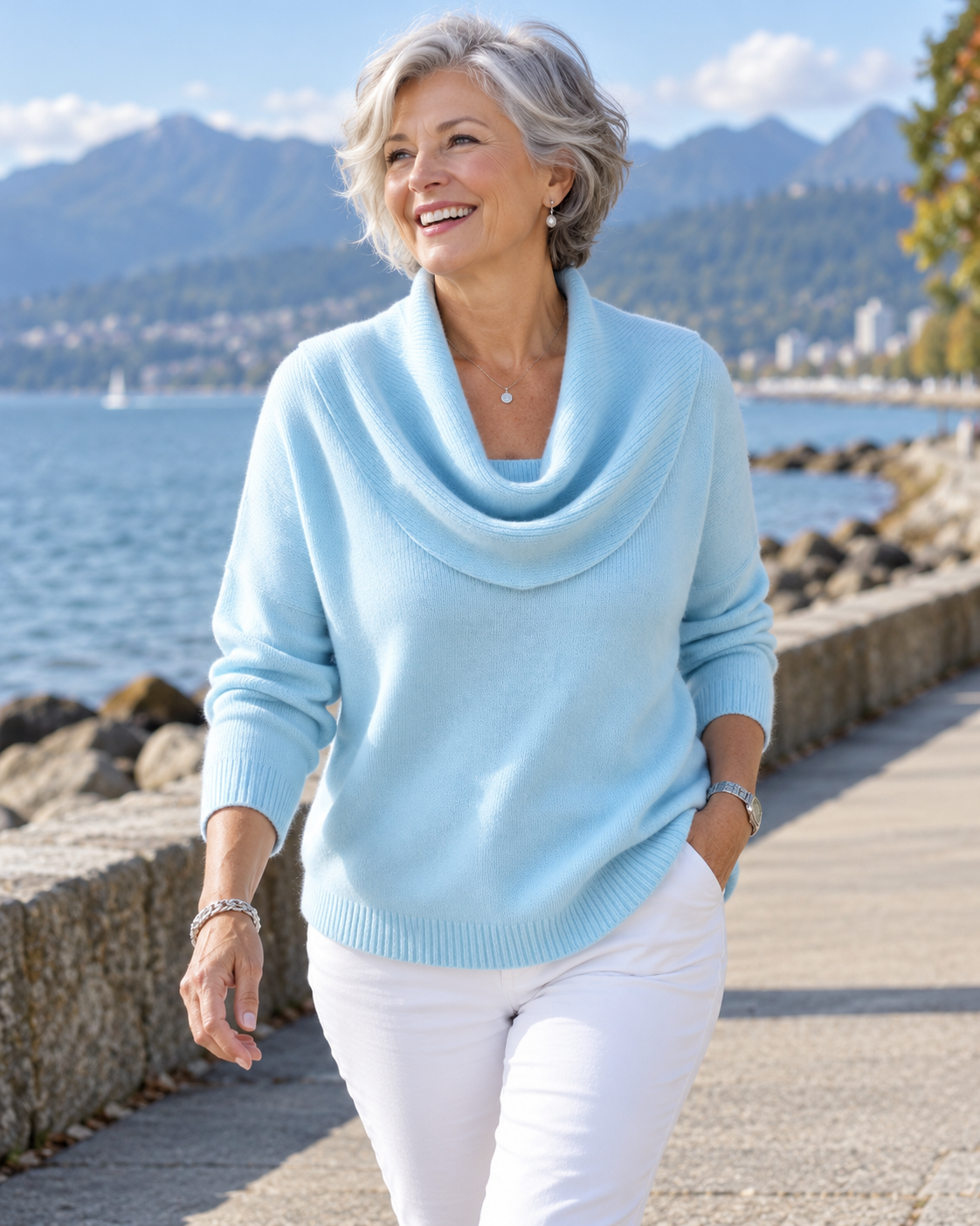 Julia draped cowl neck sweater in sky blue, seaside walk